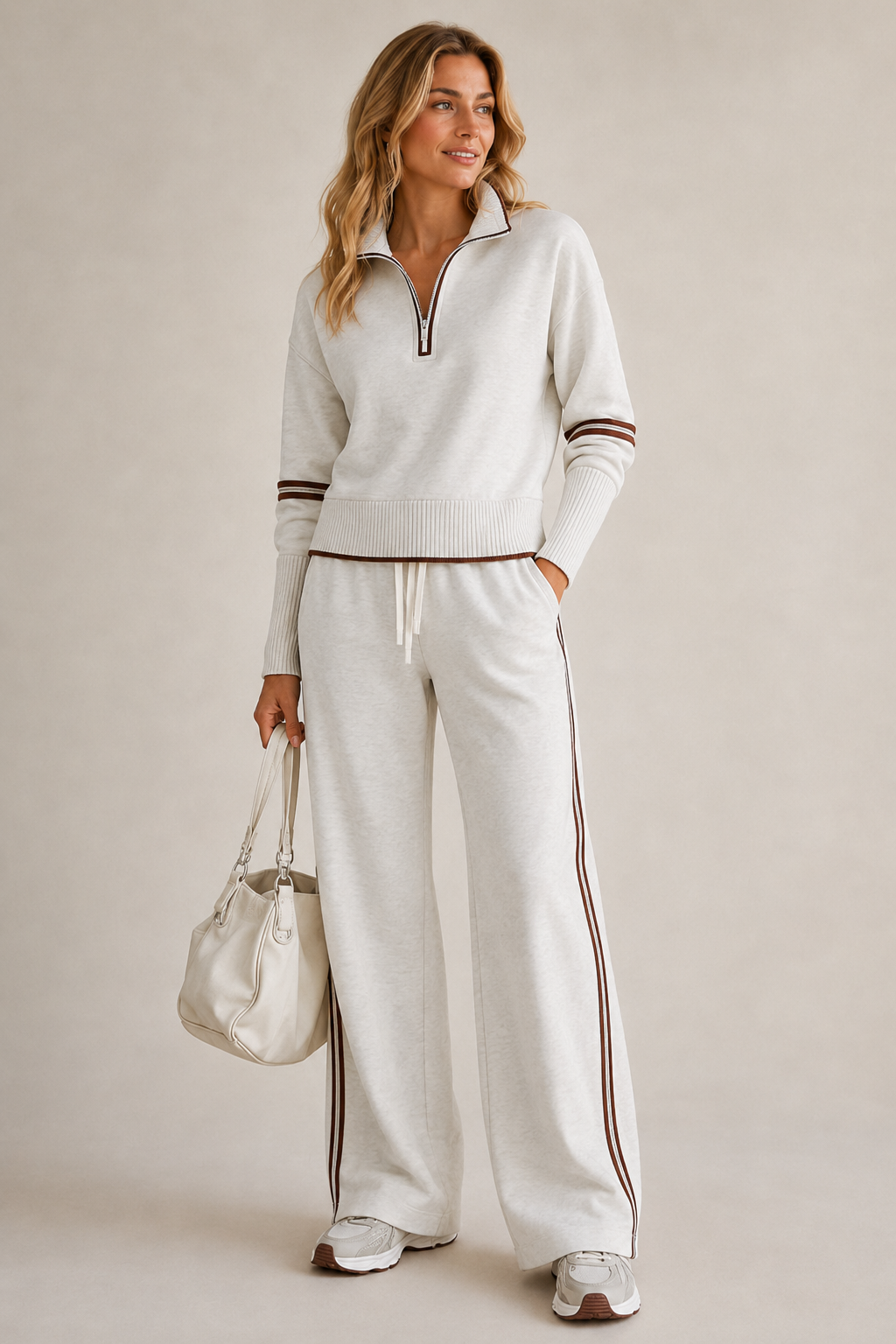 Conjunto de chándal para mujer con cremallera de un cuarto y pantalones a rayas
