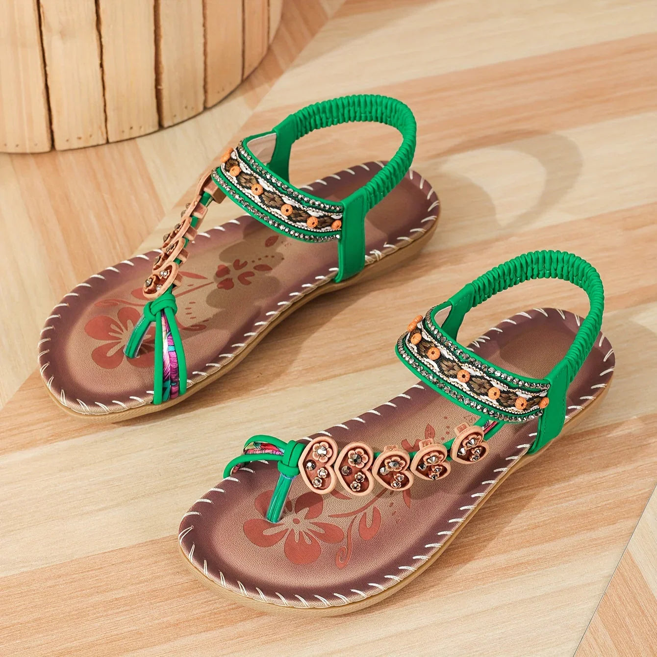Women’s Bohemian Beaded Flat Sandals with Ankle Strap