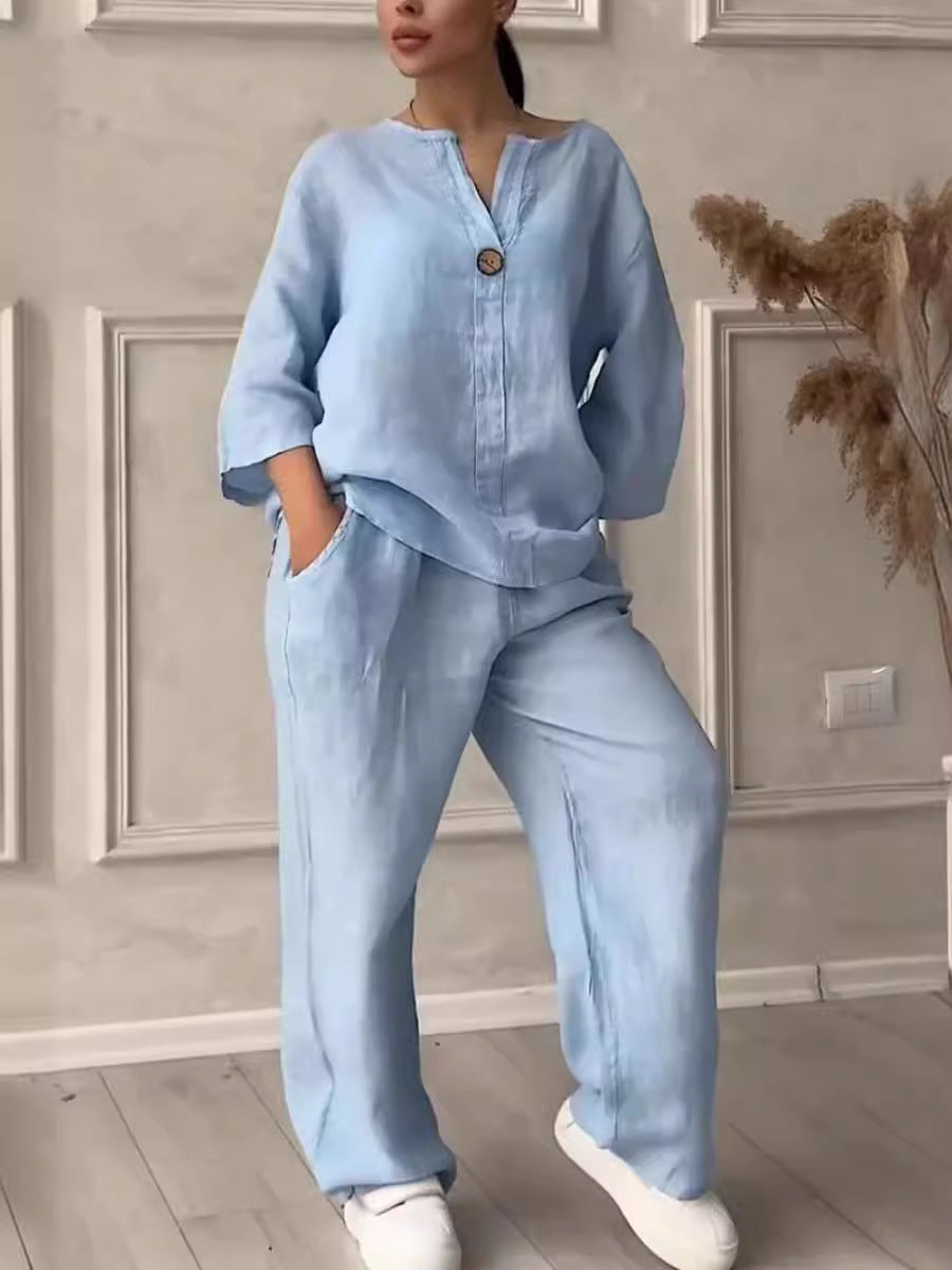 Women's Button-Front Top & Wide-Leg Pants Set