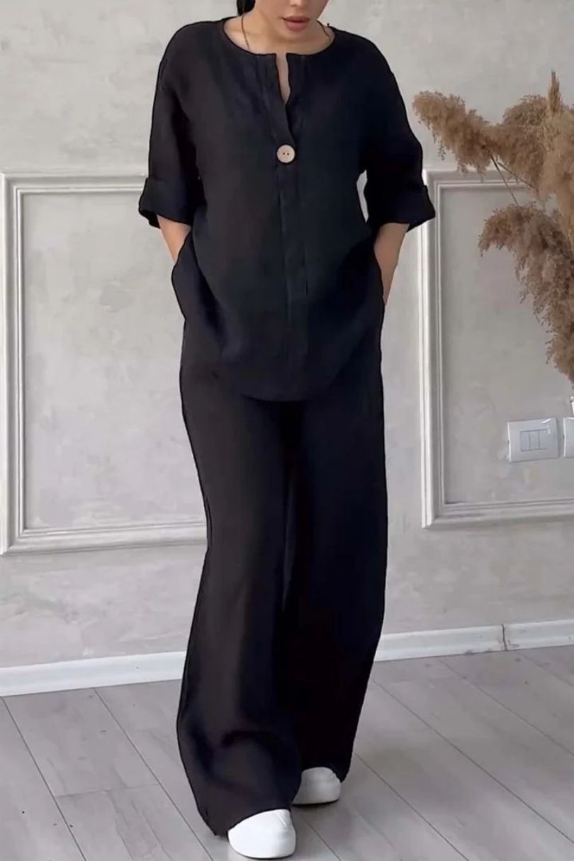 Women's Button-Front Top & Wide-Leg Pants Set