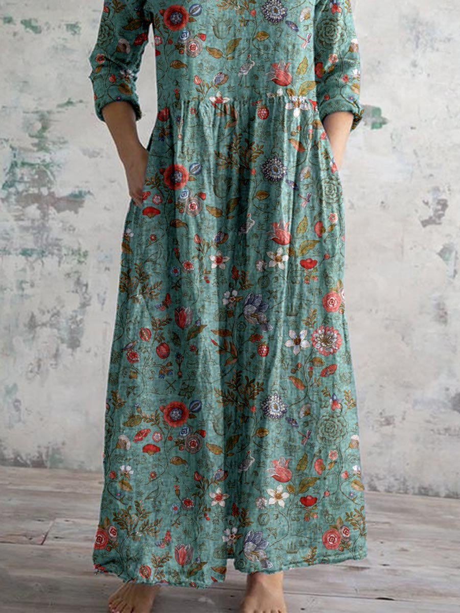 Γυναικείο Μάξι Φόρεμα Boho με Λουλούδια, V-Λαιμόκοψη και Σούρα στη Μέση με Τσέπες