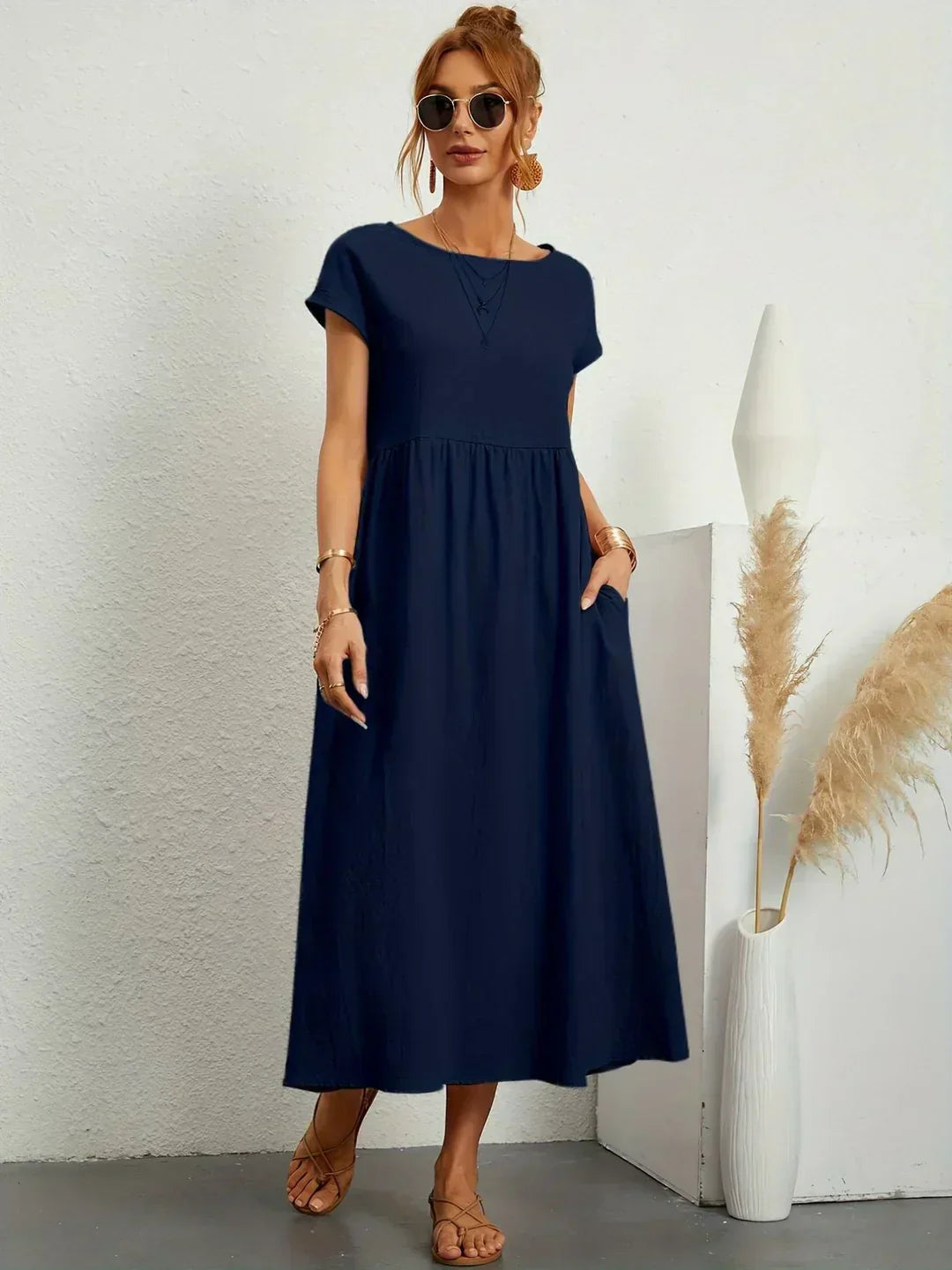 Women’s Short Sleeve Midi Dress with Relaxed A-Line Silhouette