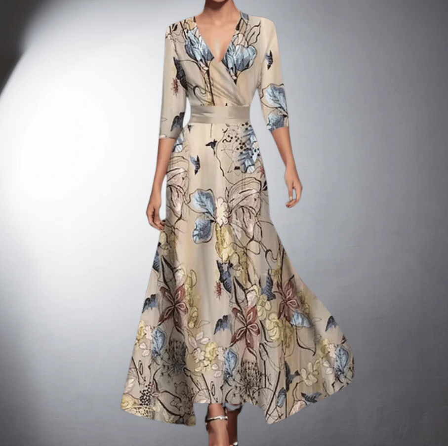Robe longue portefeuille à col en V pour femme avec motif floral