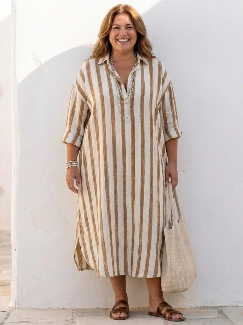 Women's Striped Midi Shirt Dress Long Sleeve