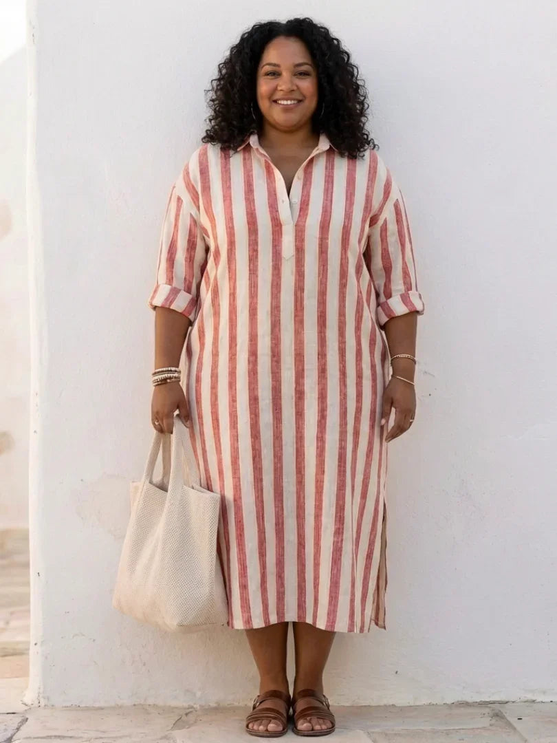 Women's Striped Midi Shirt Dress Long Sleeve