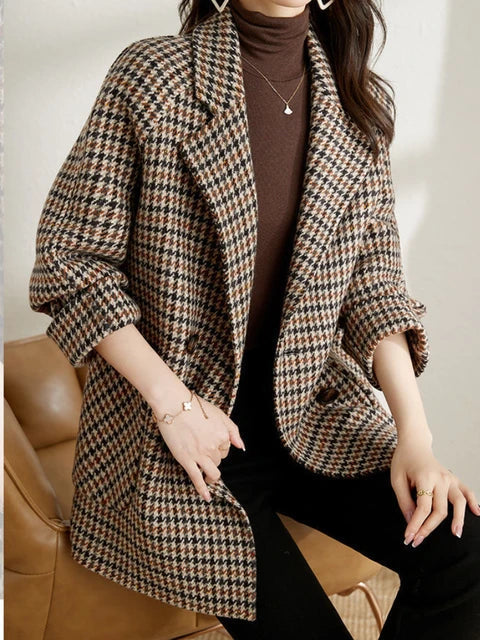 Women's Oversized Houndstooth Plaid Blazer