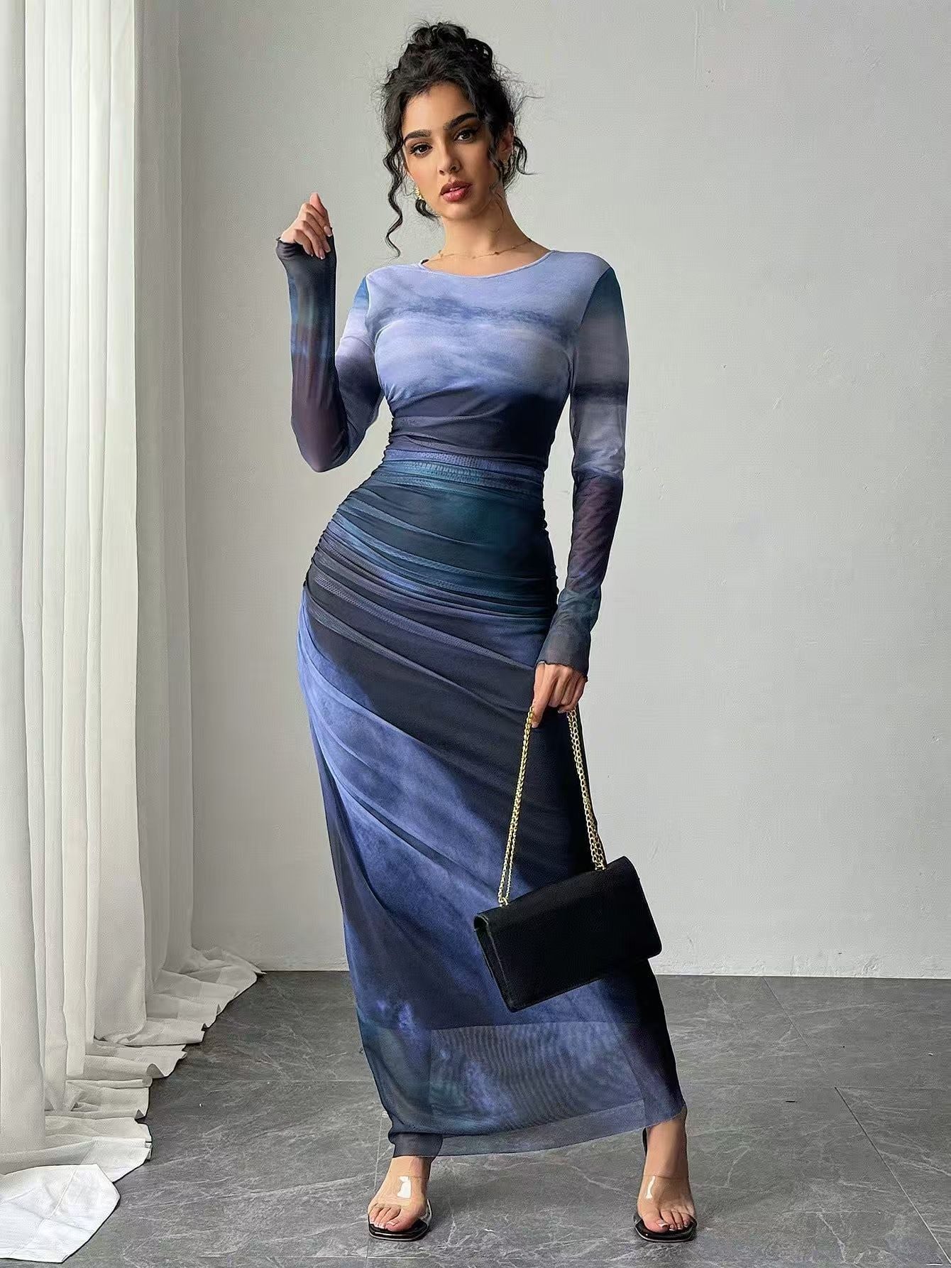 Women's Printed Bodycon Long Sleeve Maxi Dress