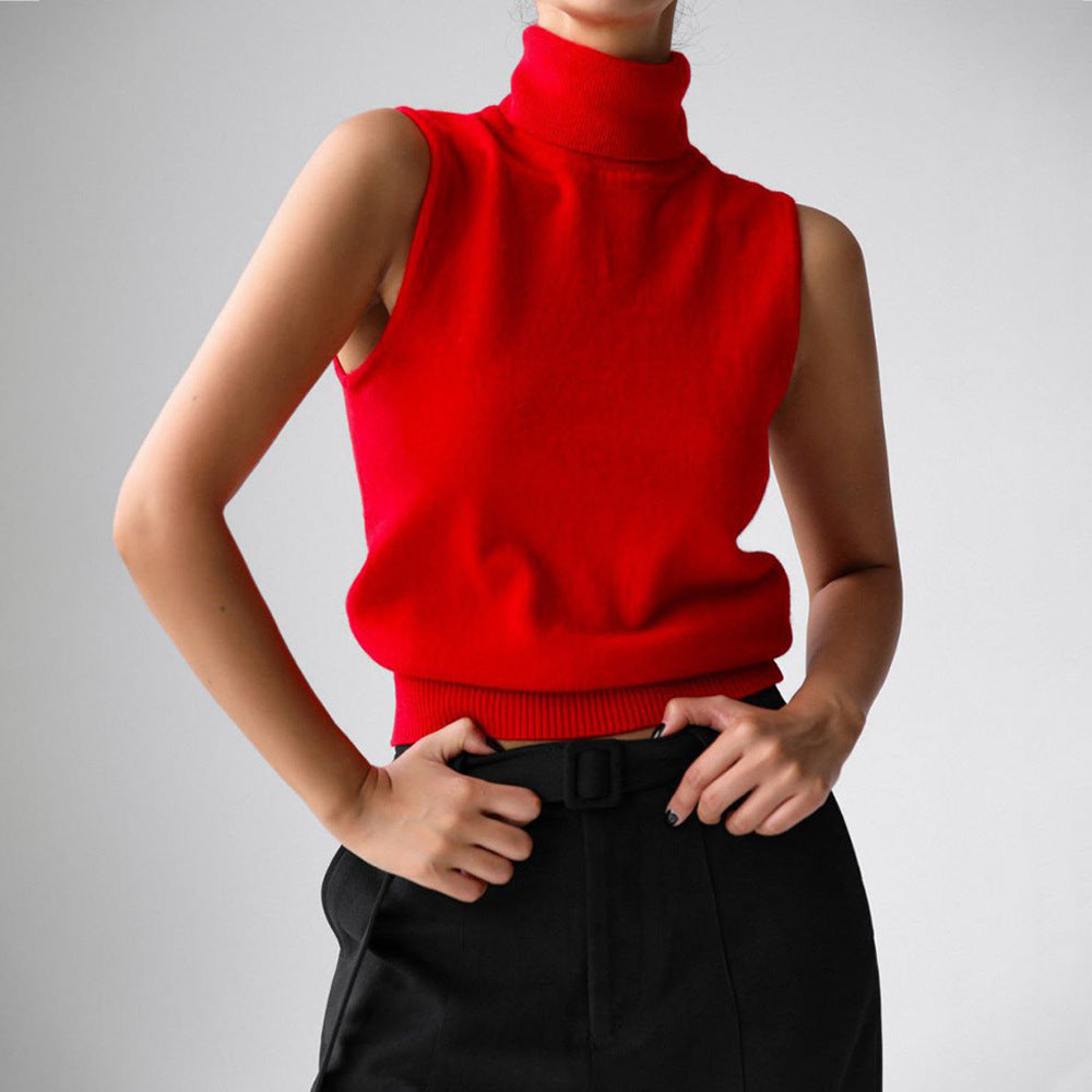 Top tricoté sans manches à col montant pour femme
