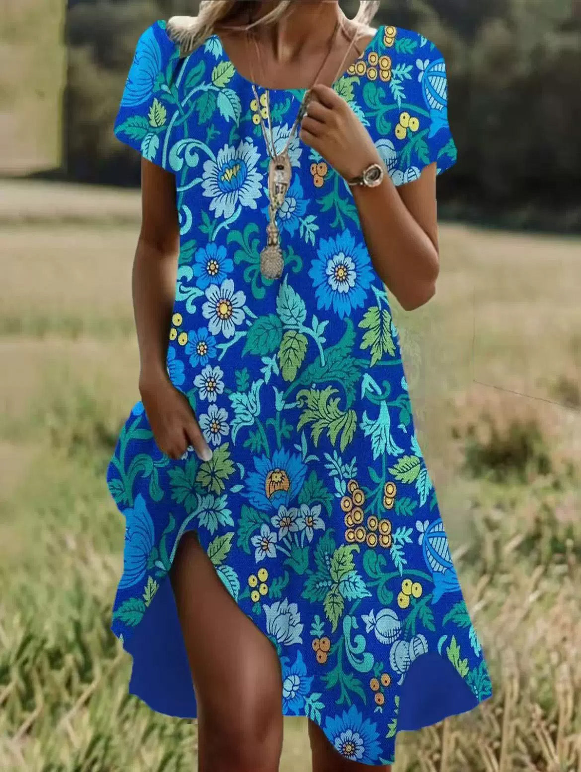 Women’s Floral Print Midi Dress with Fluid Cut