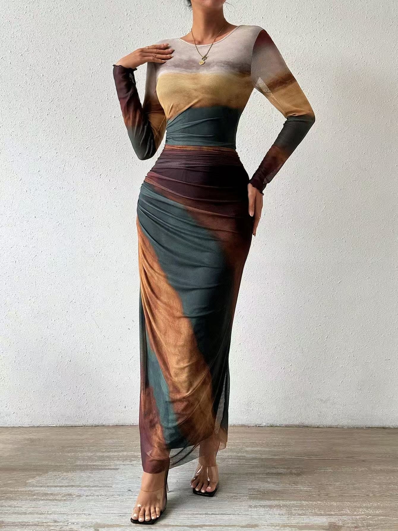 Women's Printed Bodycon Long Sleeve Maxi Dress