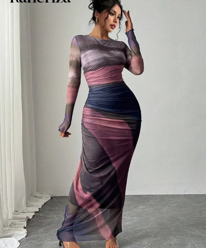 Women's Printed Bodycon Long Sleeve Maxi Dress