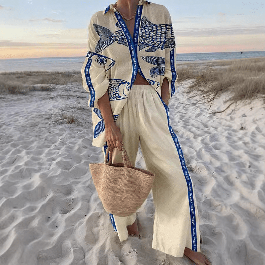 Women’s Fish Print Co-Ord Set - Top & Wide-Leg Trousers