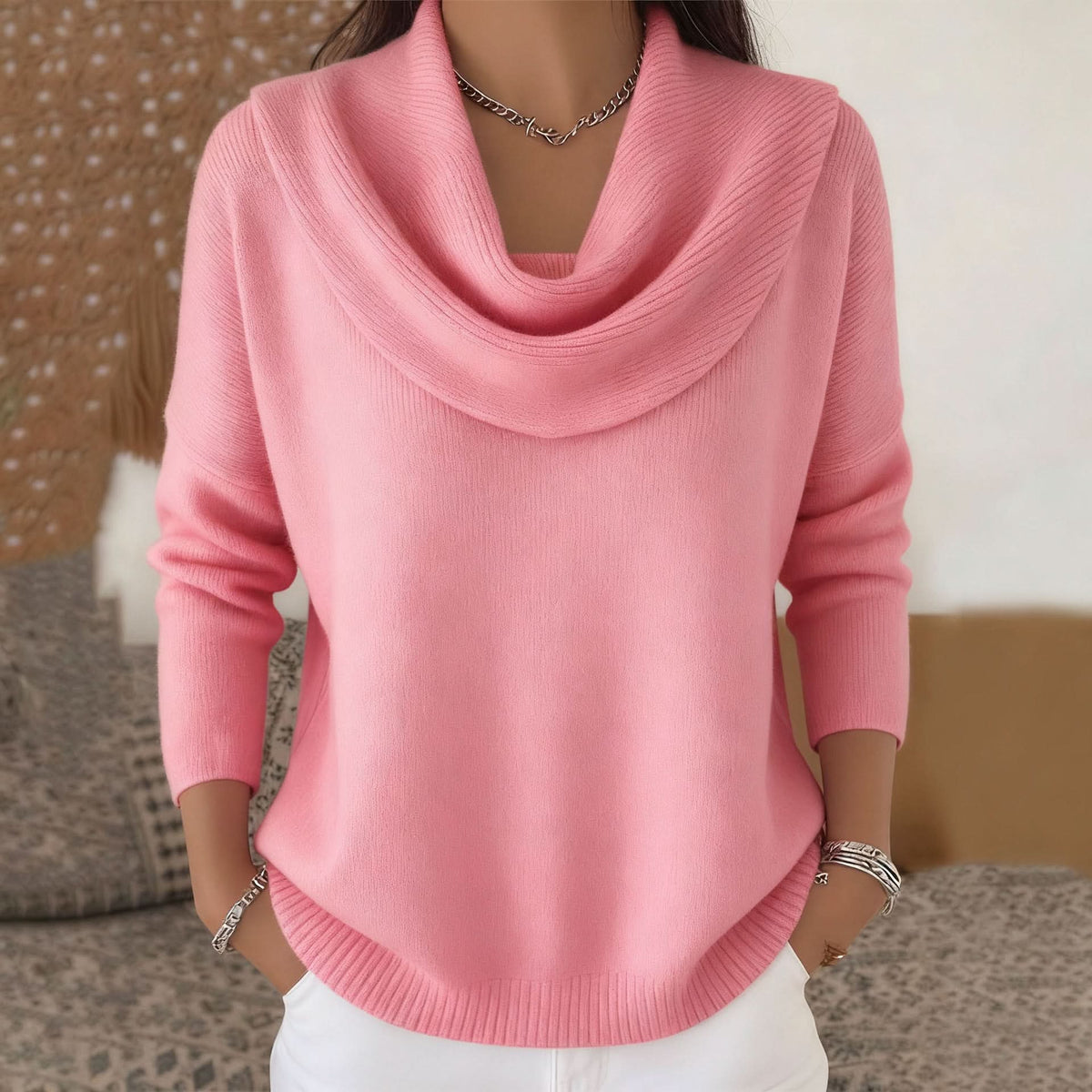 Γυναικείο ζεστό πλεκτό πουλόβερ με λαιμόκοψη-κασκόλ