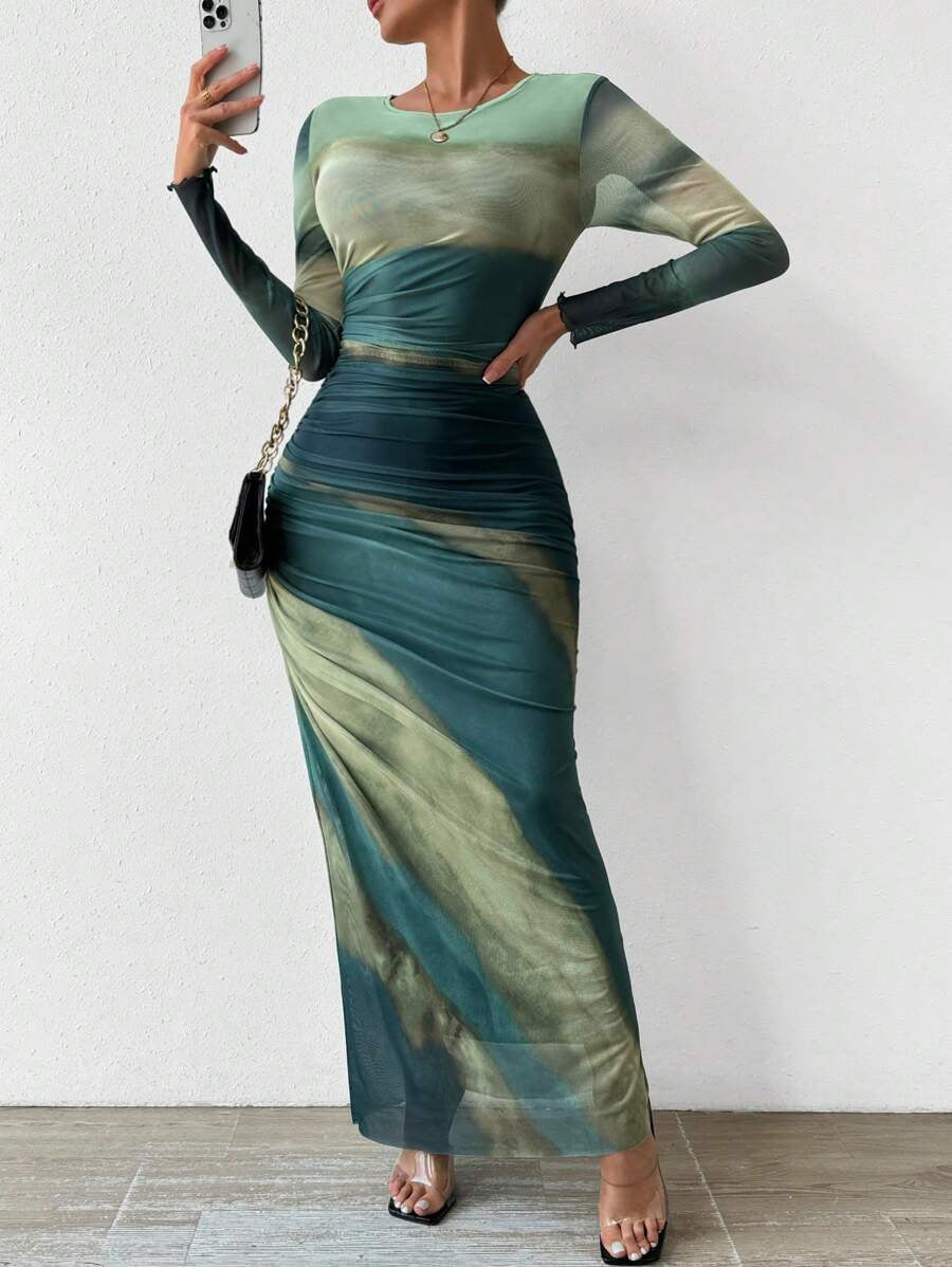 Women's Printed Bodycon Long Sleeve Maxi Dress