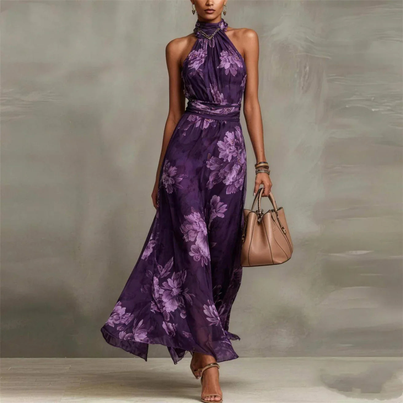 Women’s Floral Halter Neck Maxi Dress with Flowing Silhouette