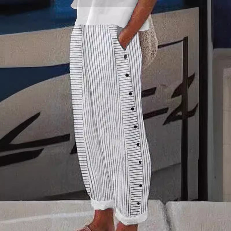 Pantalon Rayé en Lin et Coton Sera pour Femme, Décontracté