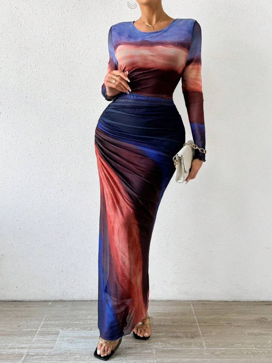 Women's Printed Bodycon Long Sleeve Maxi Dress