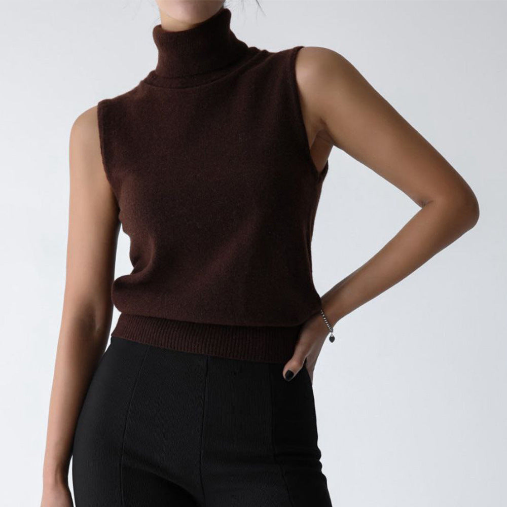 Top tricoté sans manches à col montant pour femme