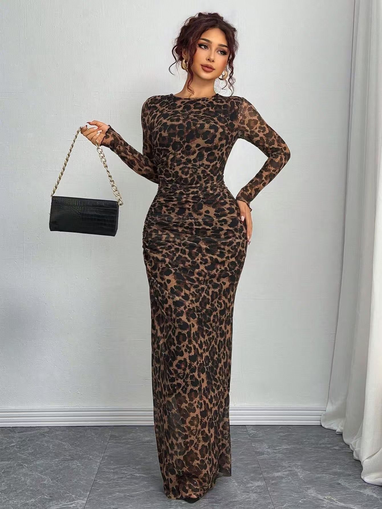 Women's Printed Bodycon Long Sleeve Maxi Dress
