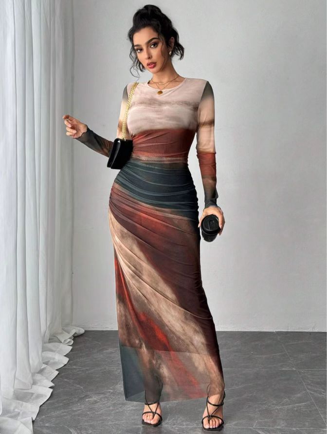 Women's Printed Bodycon Long Sleeve Maxi Dress