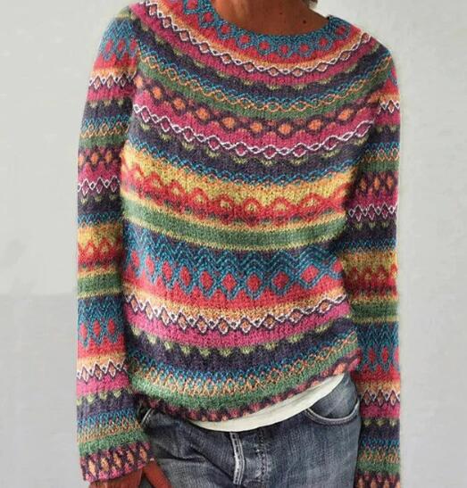 Women's Multicolor Patterned Knit Cozy Crew Neck Sweater