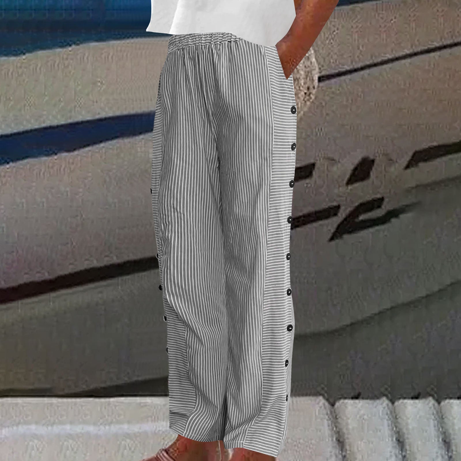 Pantalon Rayé en Lin et Coton Sera pour Femme, Décontracté