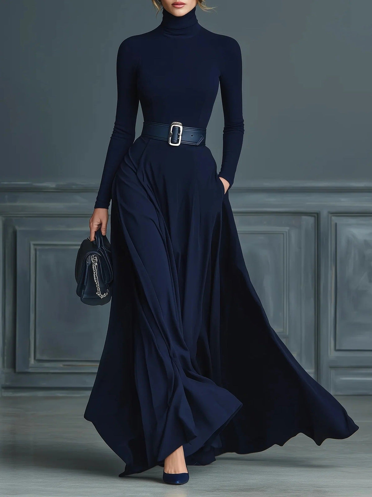 Women's High-Neck Maxi Dress with Belt