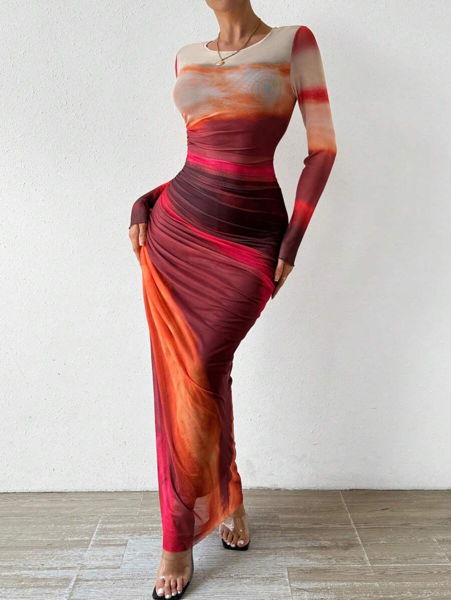 Women's Printed Bodycon Long Sleeve Maxi Dress