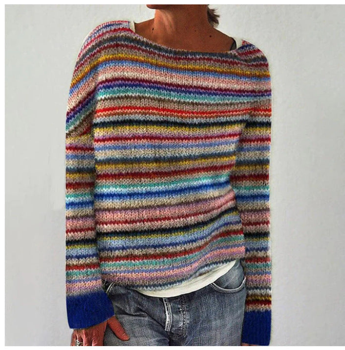 Women's Multicolor Patterned Knit Cozy Crew Neck Sweater