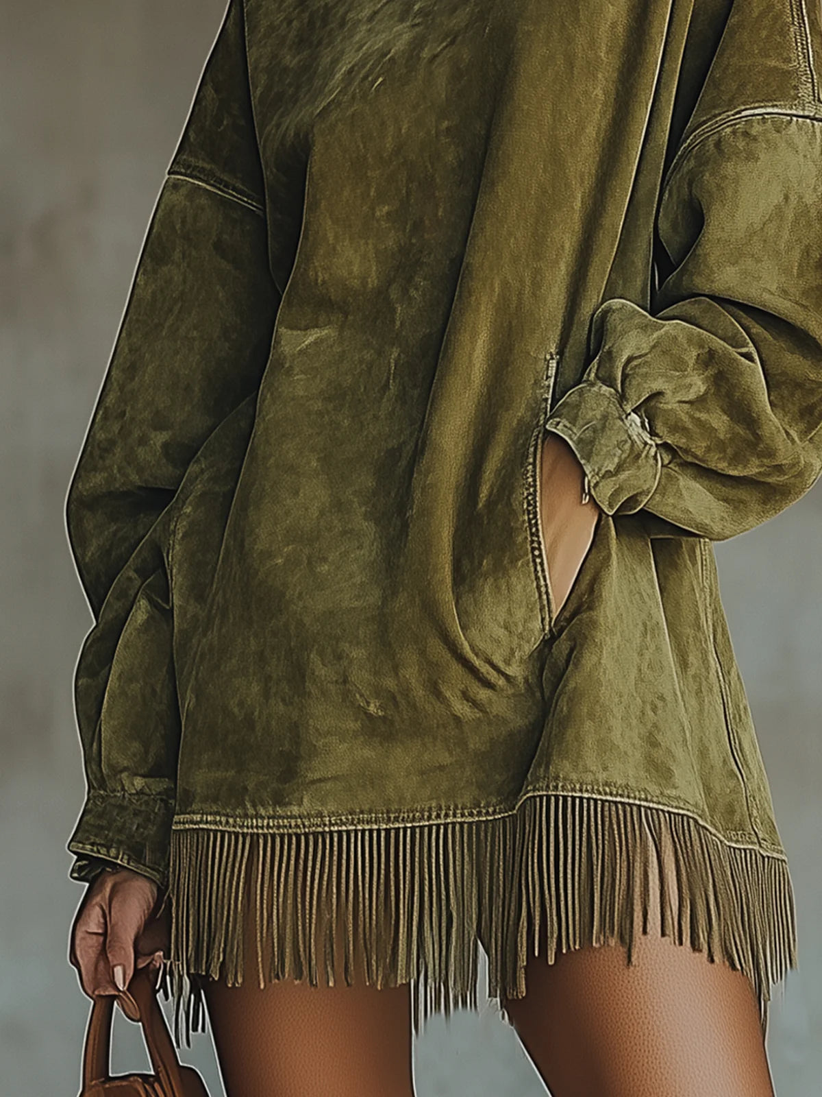Robe midi à col roulé pour femme avec ourlet à franges