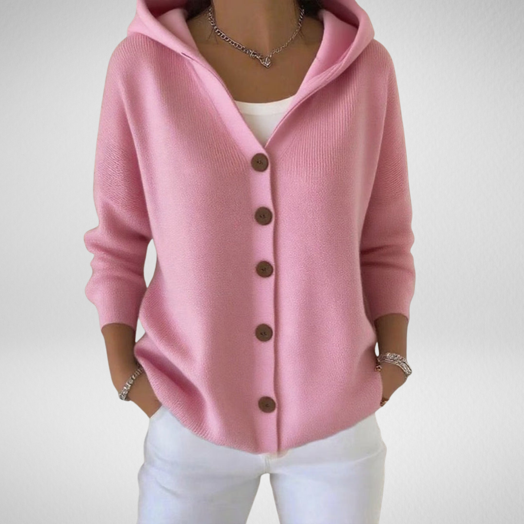 Cardigan da donna con cappuccio e bottoni in maglia
