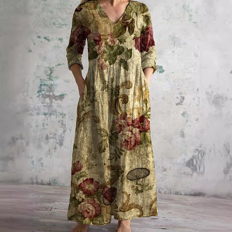Vestido largo vintage para mujer con estampado floral y escote en V