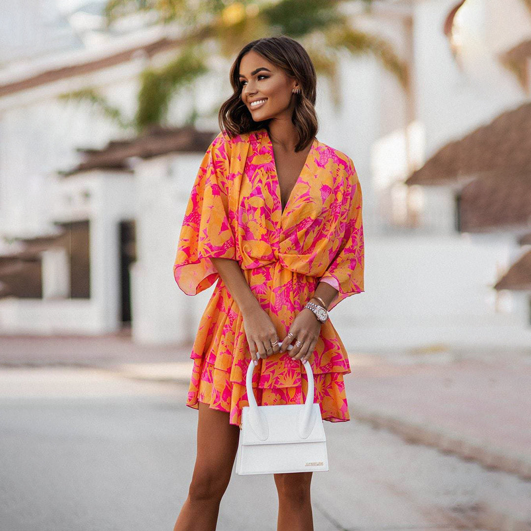 Women's Floral Wrap Long Sleeve V-Neck Mini Dress