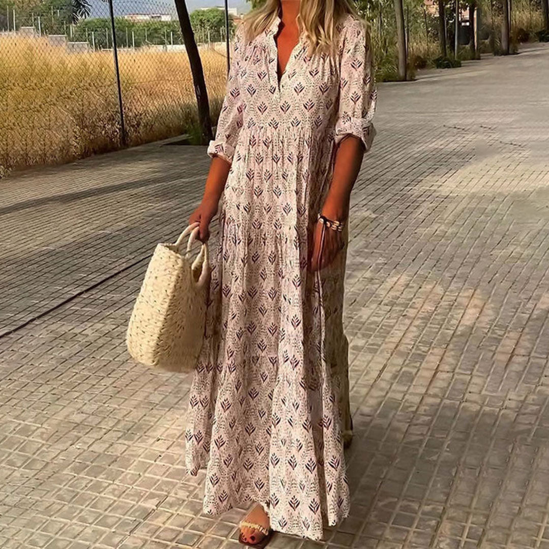Women's Relaxed V-Neck All-Over Boho Print Maxi Dress