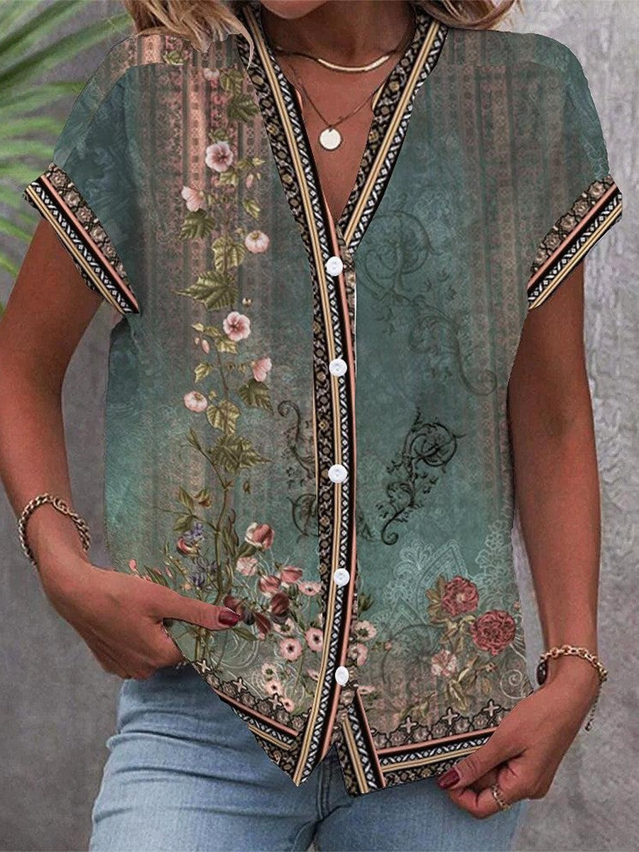 Blouse légère bohème à fleurs pour femme avec col en V