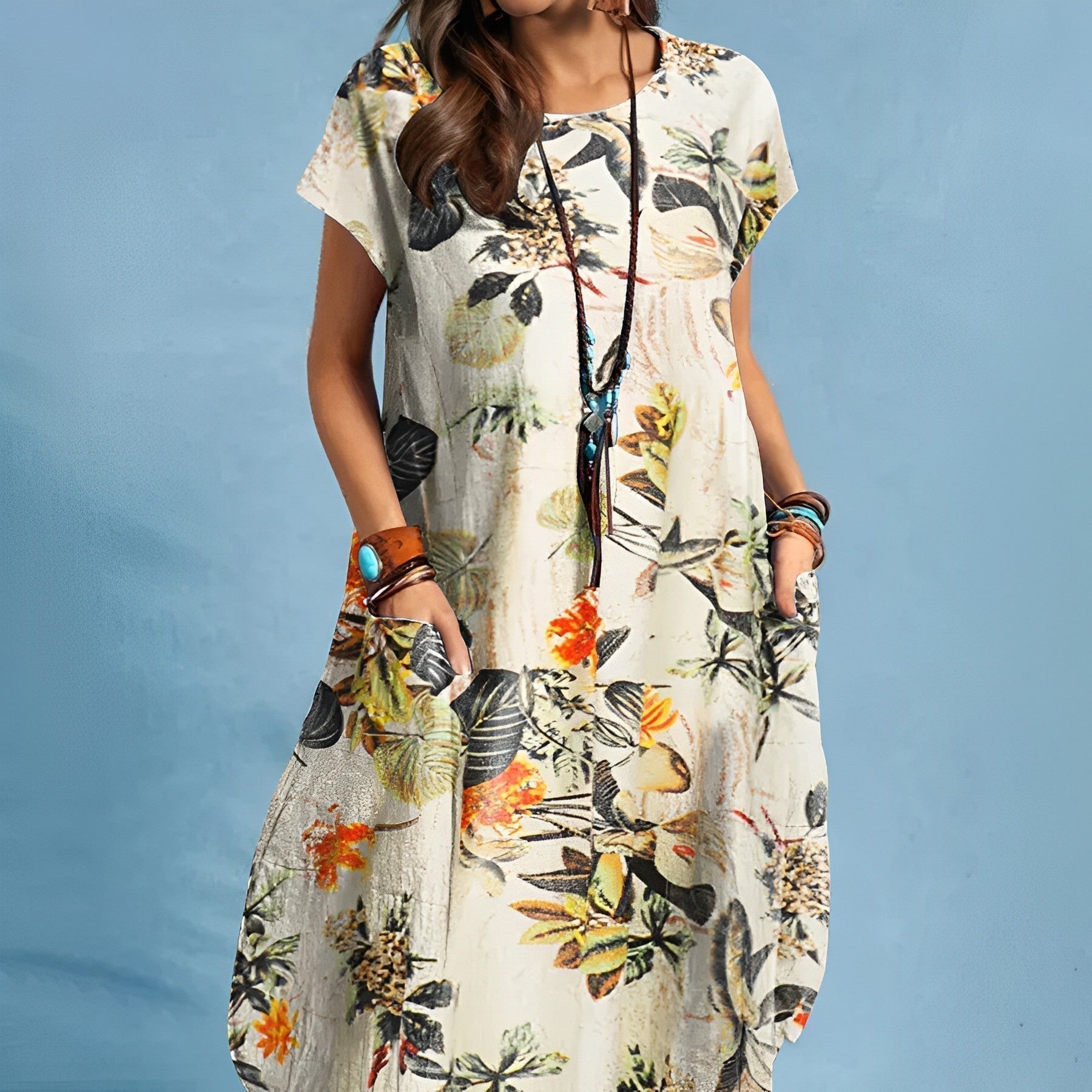 Women's Floral Print Midi Dress with Side Pockets