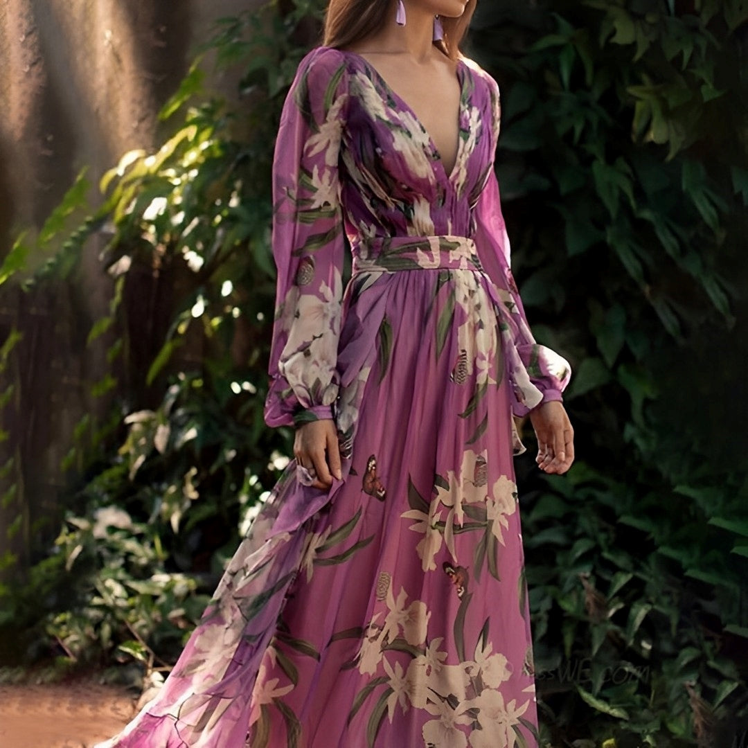 Women's Floral V-Neck Bohemian Maxi Dress