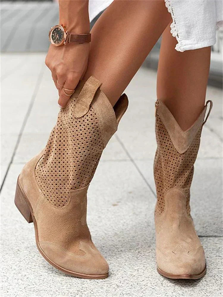 Women's Perforated Western Low-Heel Cowboy Boots