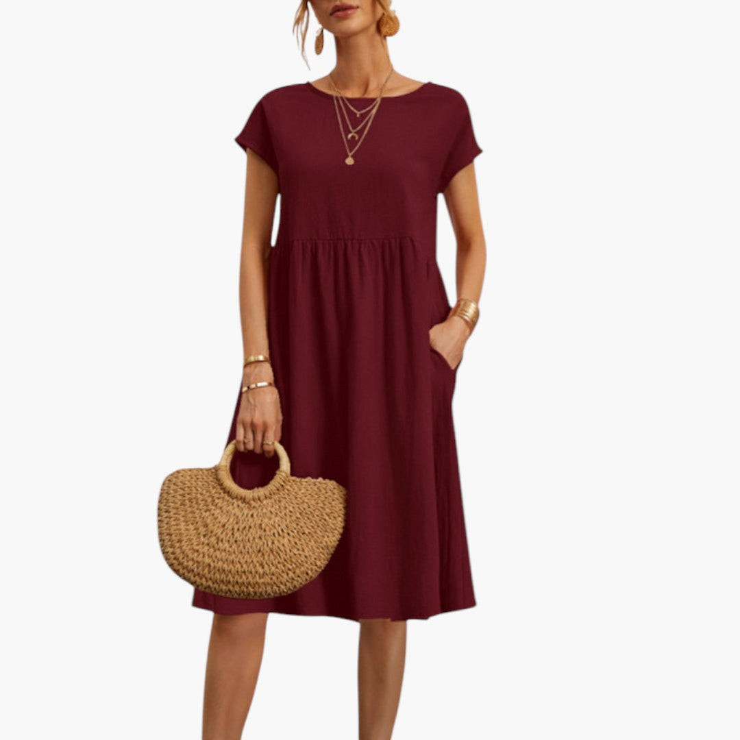 Stylish Midi Women’s Dress with Short Sleeves and Side Pockets