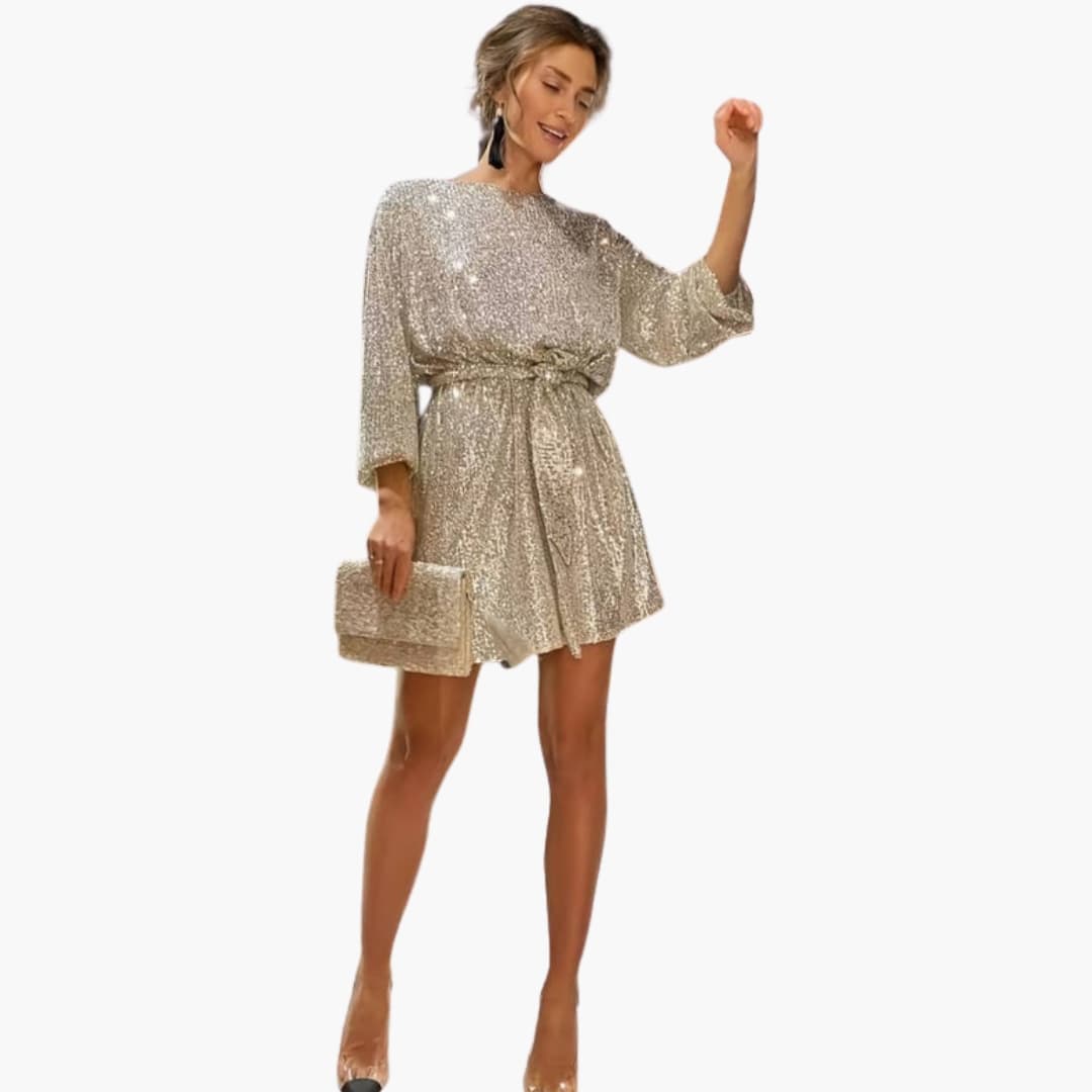 Robe cocktail femme avec ceinture à la taille et détails en strass pour événements et soirées