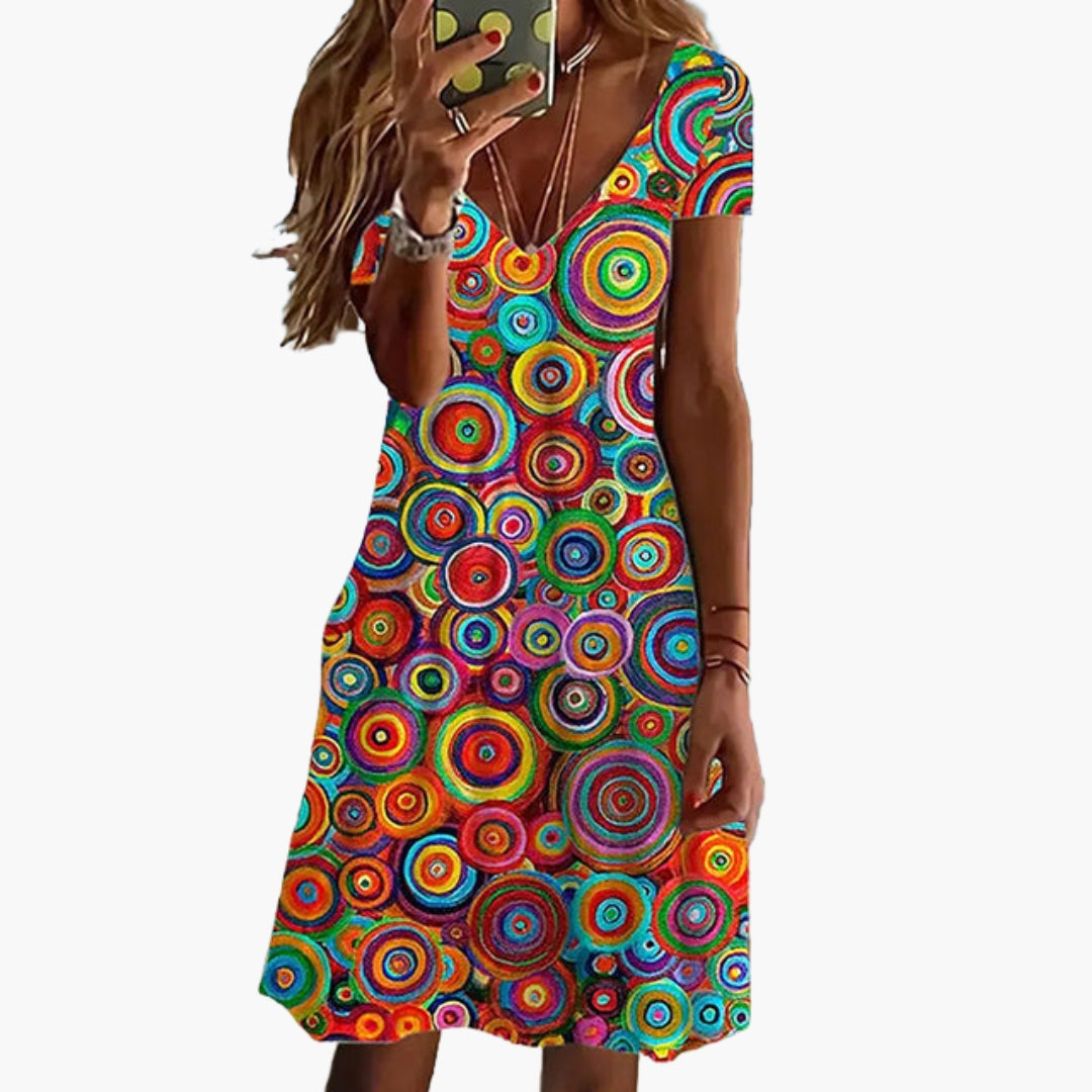 Robe courte à col en V pour femme à imprimé abstrait