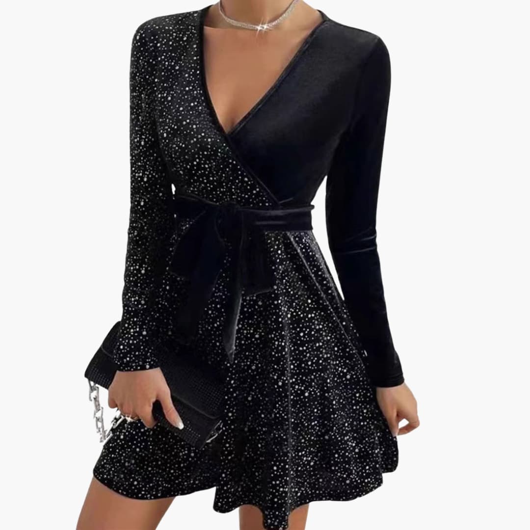 Robe de cocktail élégante à col en V et devant croisé