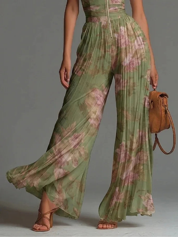 Women's Pleated Floral Jumpsuit with Halter Neck