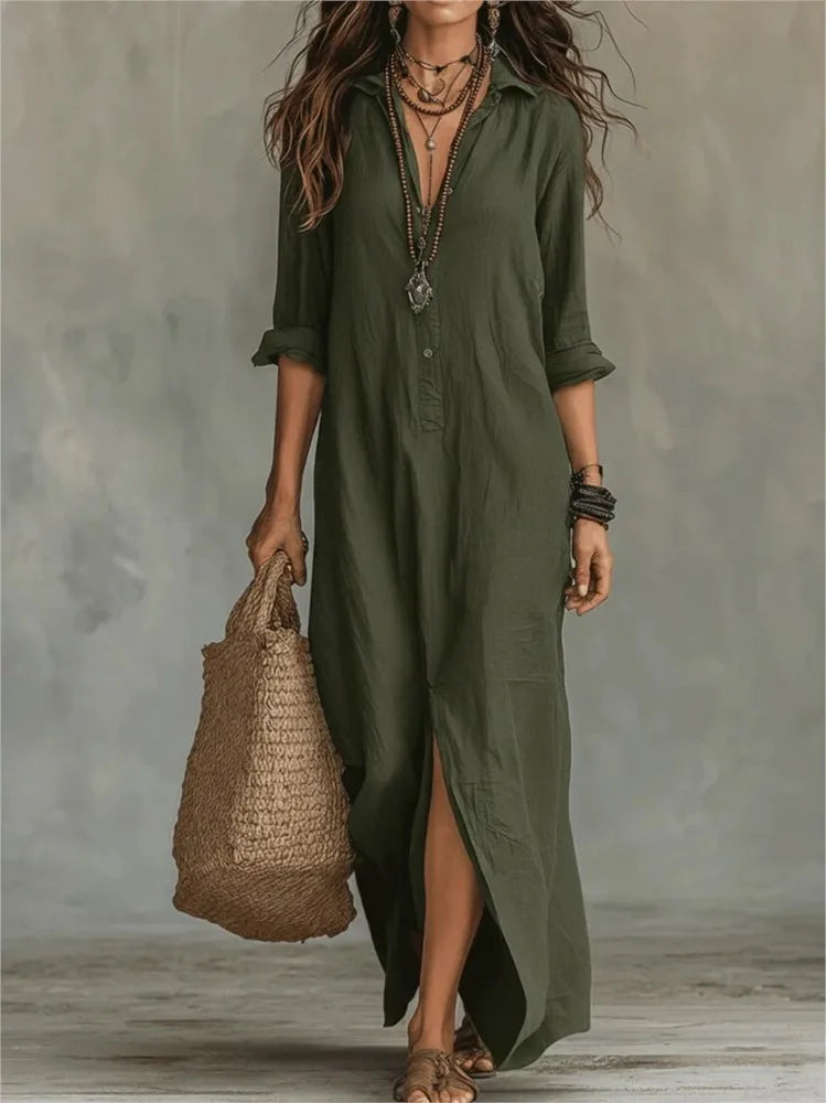 Women's Relaxed Button-Front Maxi Shirt Dress with Side Slit