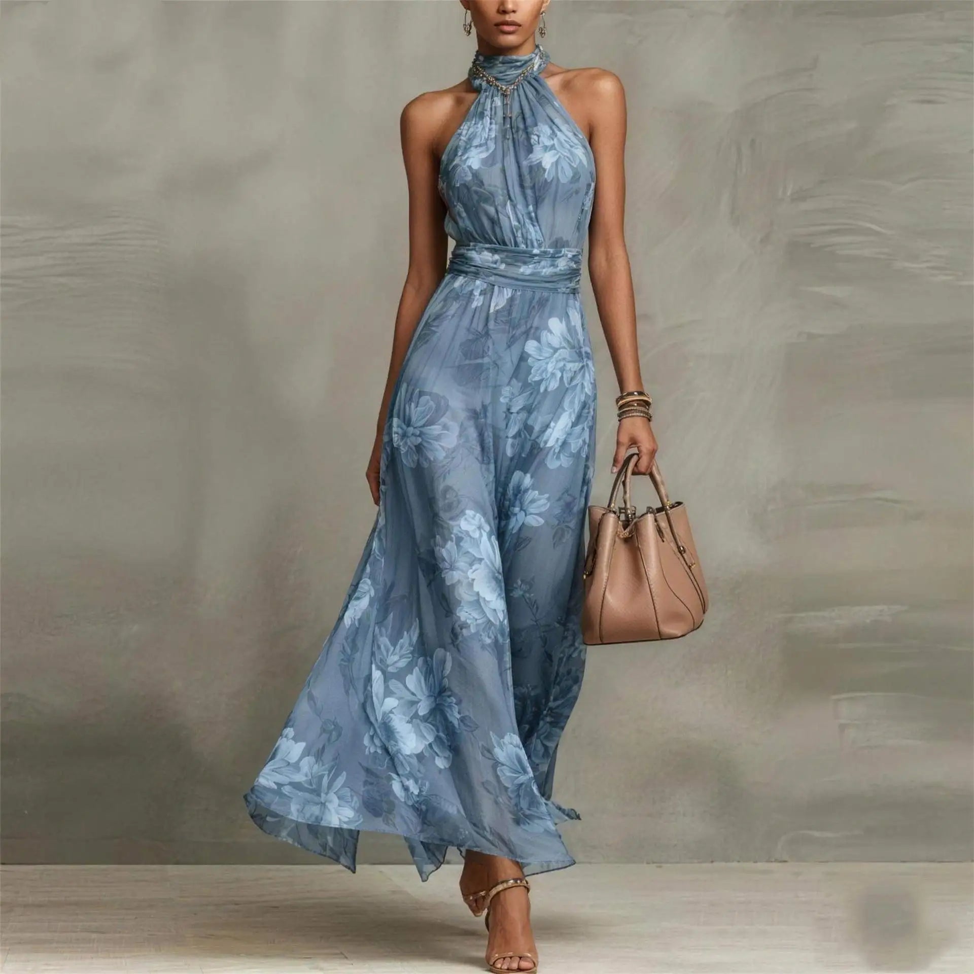 Robe longue à col licou fleurie pour femme