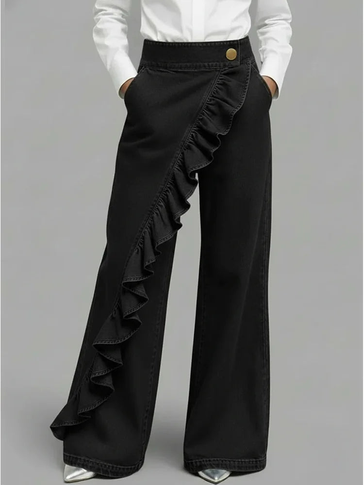 Women's Wide Leg Jeans with Asymmetrical Ruffle