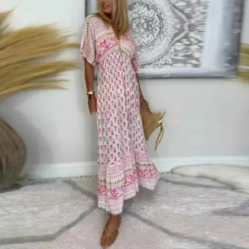 Robe maxi ample à col en V pour femme avec imprimé bohème et détail bordure