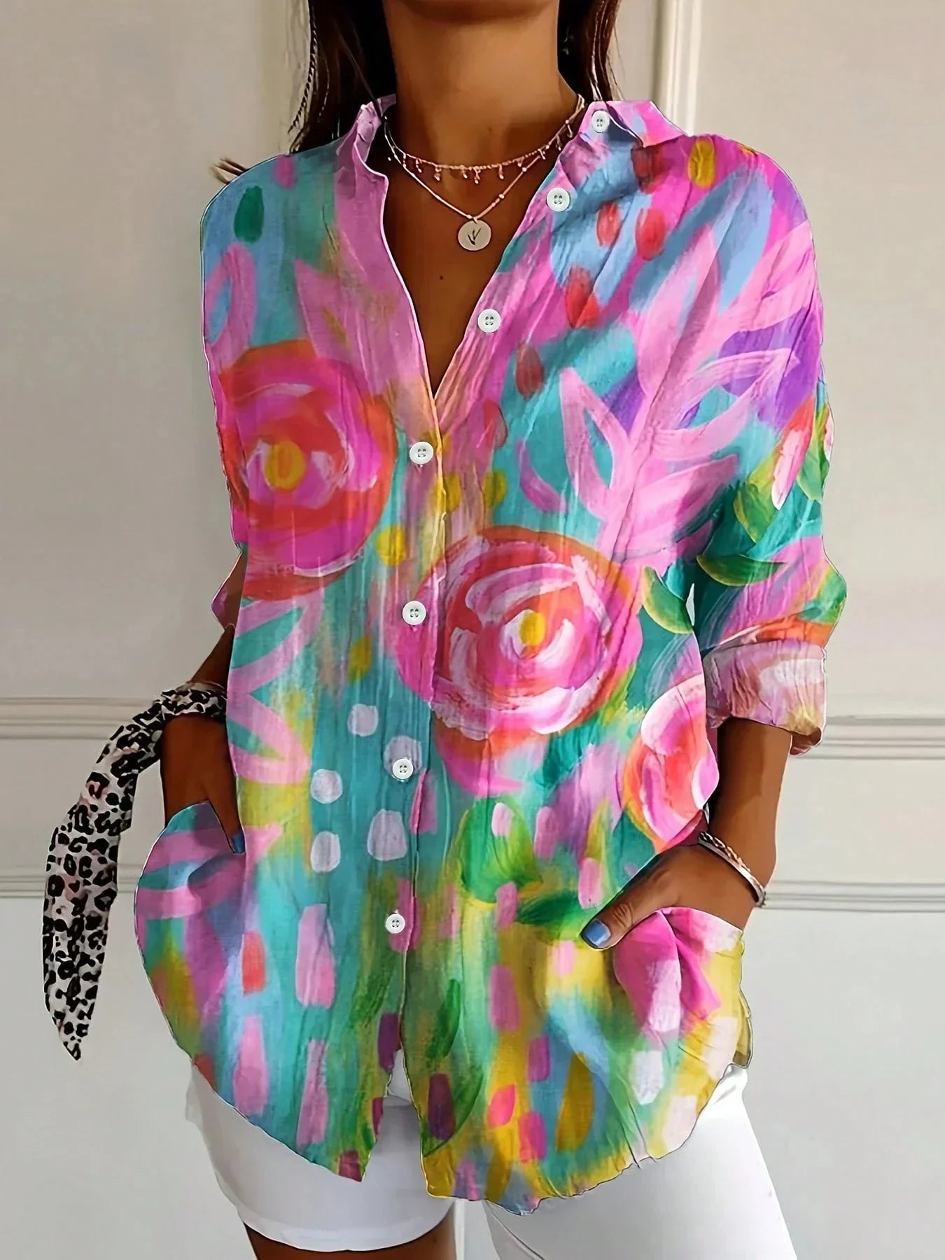 Women's Bold Abstract Print Long Sleeve Button-Front Blouse