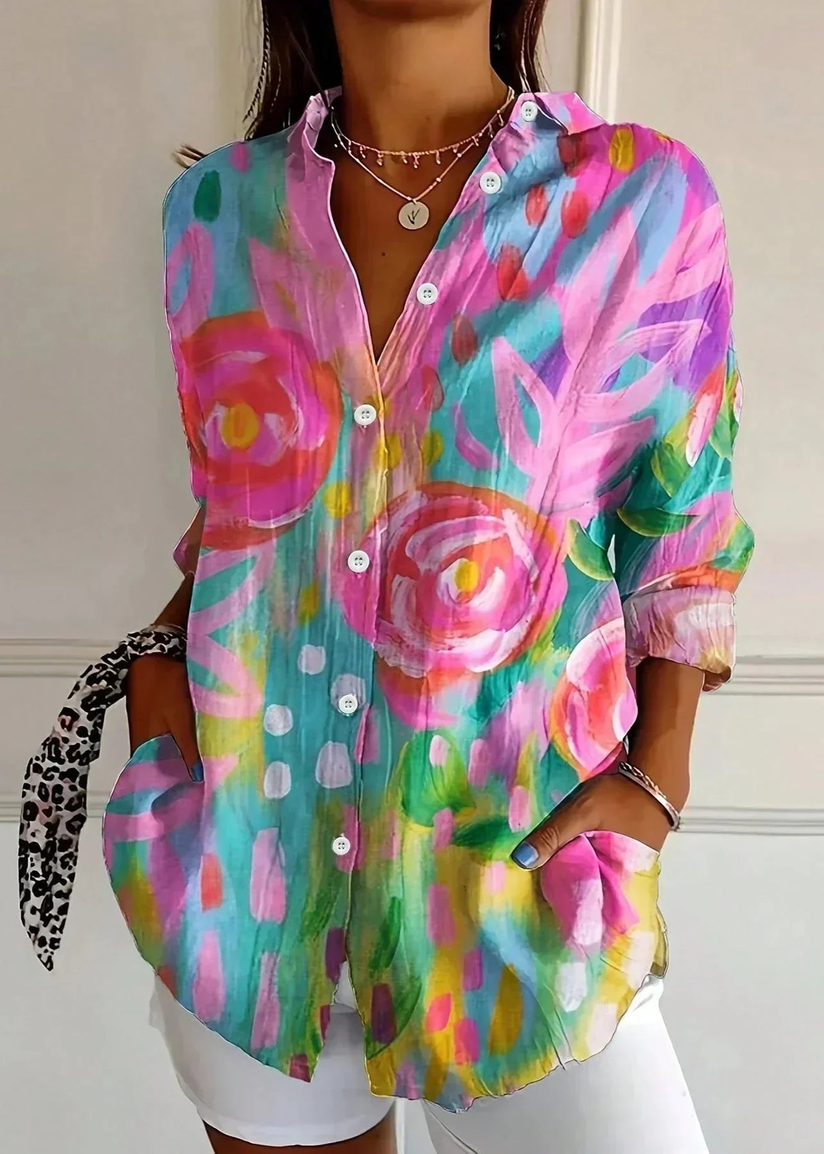 Women’s Colorful Floral Print Loose-Fit Blouse