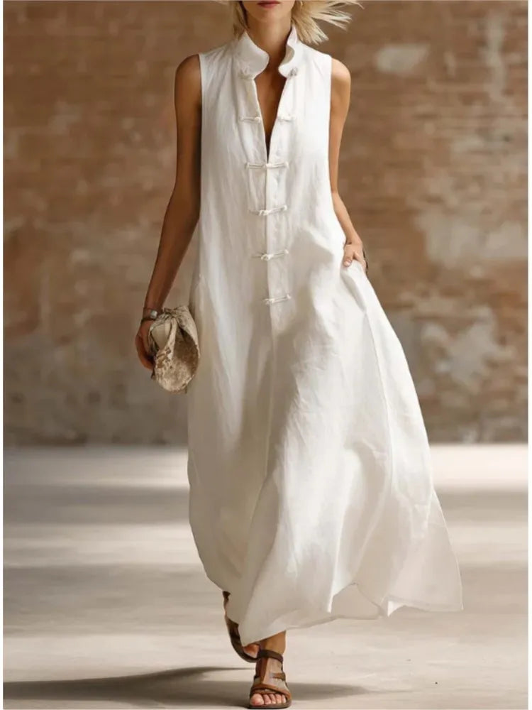 Robe chemise maxi sans manches pour femme
